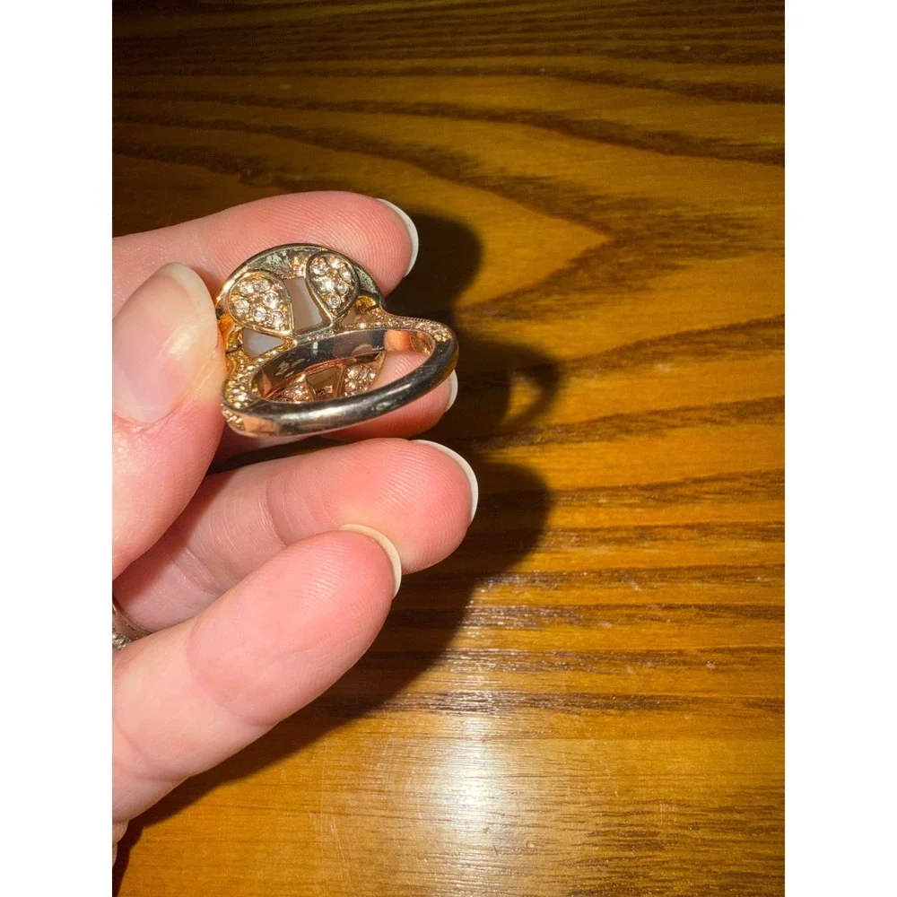 Rose Gold Tone Faux Pearl Pave Crystal Halo Statement Cocktail Ring Size 6.75